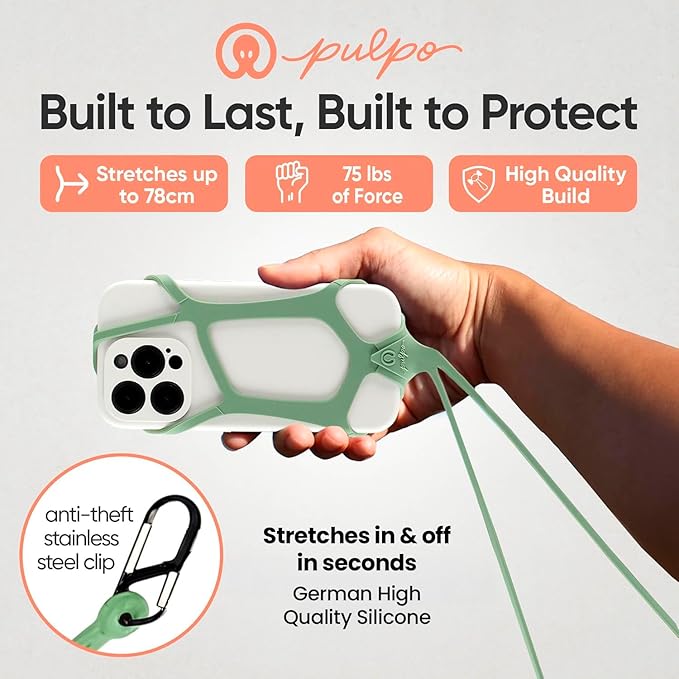 Pulpo Safety Cell Phone Lanyard Green Fits Smartphones 6.1 to 6.8” - Anti Theft Phone Strap for Men & Women, Lanyards for Phones, Hiking Phone Holder & Cellphone Lanyard, Silicone Crossbody Straps