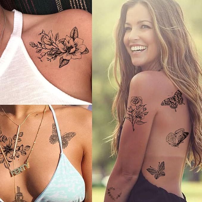Tazimi 6 Sheets Black Flower Butterfly Temporary Tattoos For Women Girls Long Lasting Realistic Waterproof Fake Tattoos Arm Legs Chest Body Art Sketch Tattoo Stickers