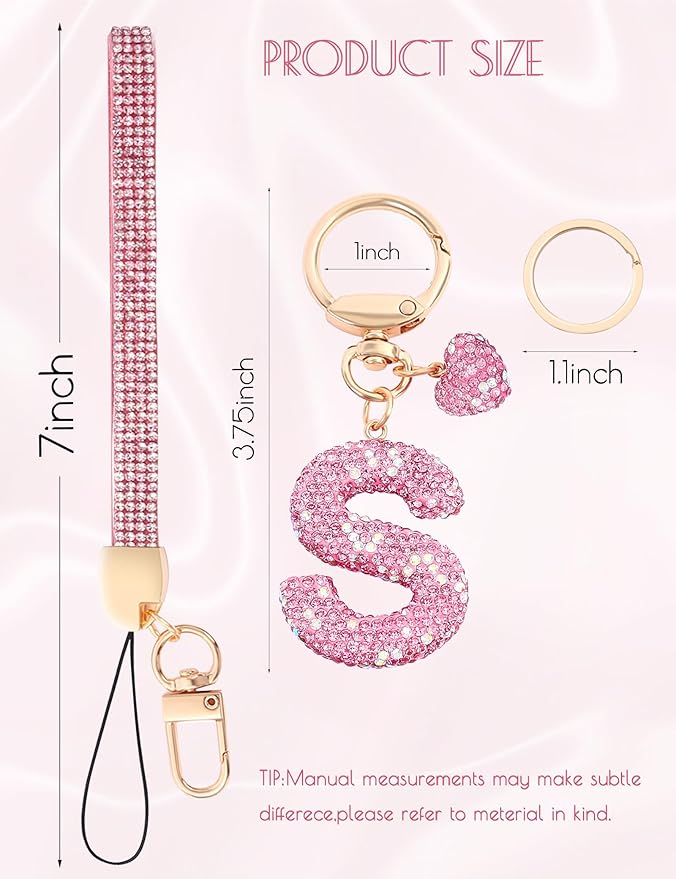 Initial Keychain for Women Girls,Bling Letter Key chain Initial with Heart,Pink Keychain Charms for Backpack Handbag