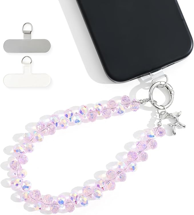 Crystal Phone Wrist Strap Phone Charm Chain Keychain Beaded Cellphone Lanyard with Tether Tab Hands-Free Wristlet Bracelet Wrist Grip Strap for Women, D-Pink AB