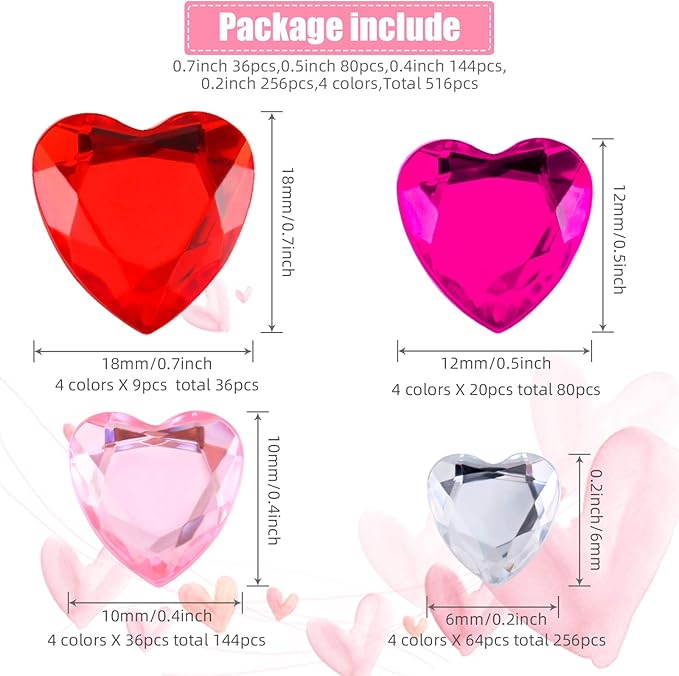Chuangdi 516 Pcs Acrylic Rhinestone Crystal Gems Rhinestone Flat Back 18mm/12mm/10mm/6mm for Valentine's Day Wedding Decoration DIY Clothes Shoes Jewelry Making Crafts(Sweet Color,Heart)