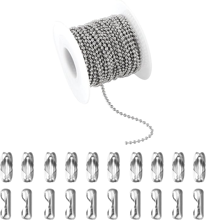 Topacket 33Feet Ball Bead Chain Stainless Steel Dog Tag Chain with Matching Connectors for Jewelry Making Necklace Hanging Bracelets Keychain(2.0mm)