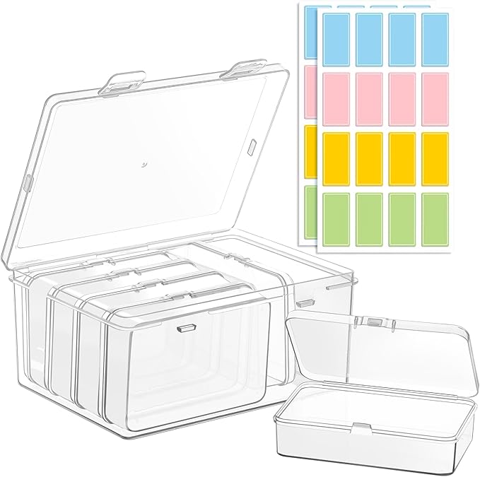 Large Plastic Storage Boxes, 6 Clear Containers with Hinged Lids, for Playing Cards, Trading Cards, Photos, Arts & Crafts Supplies, Jewelry (16 Labels) – Fits Standard Cards