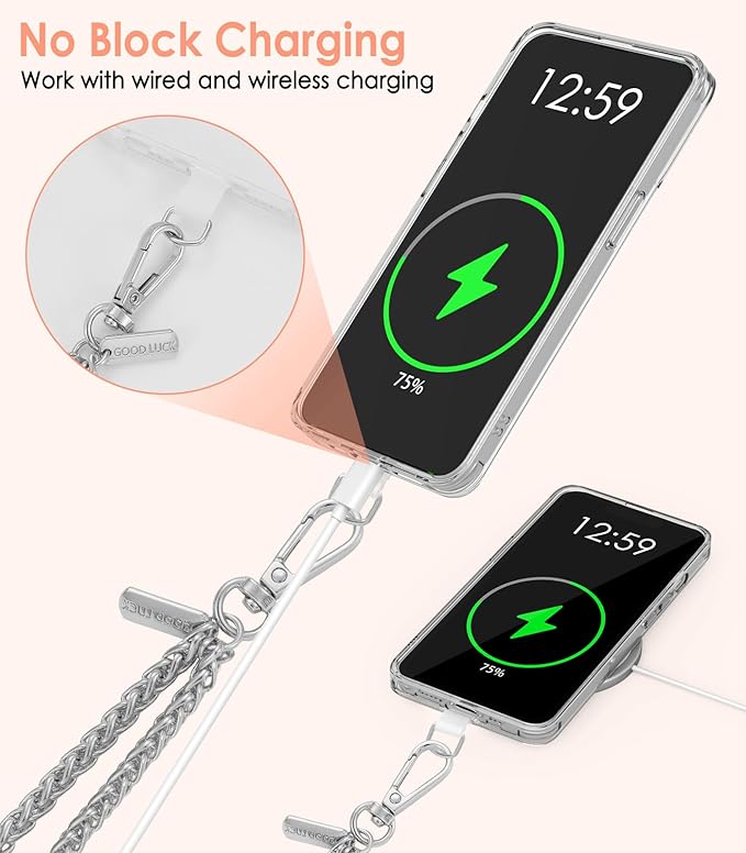 MoKo Universal Phone Lanyard, Metal Cell Phone Chain Crossbody Strap Anti-Theft Detachable Women Cellphone Lanyards Around The Neck with Patches for iPhone, Most Smartphones, Pale Silver