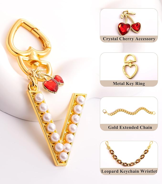 Pearl Initial Keychain with Leopard Bag Charms Wallet Chain Women Cute Alphabet Keychains Charm for Purse Handbag
