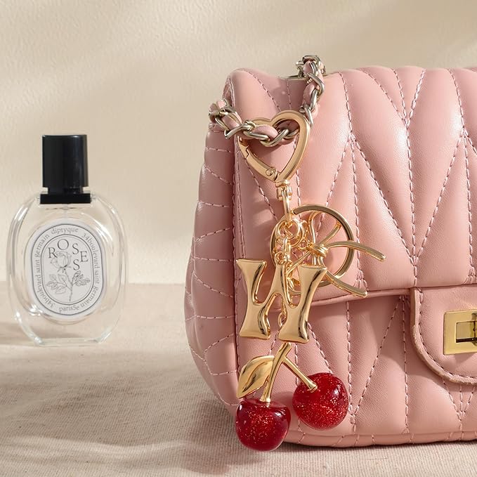 Snycler Bubble Initial Keychain with Cherry & Bow - Gold Letter Bag Charms for Women, Cute Purse Handbag Accessories