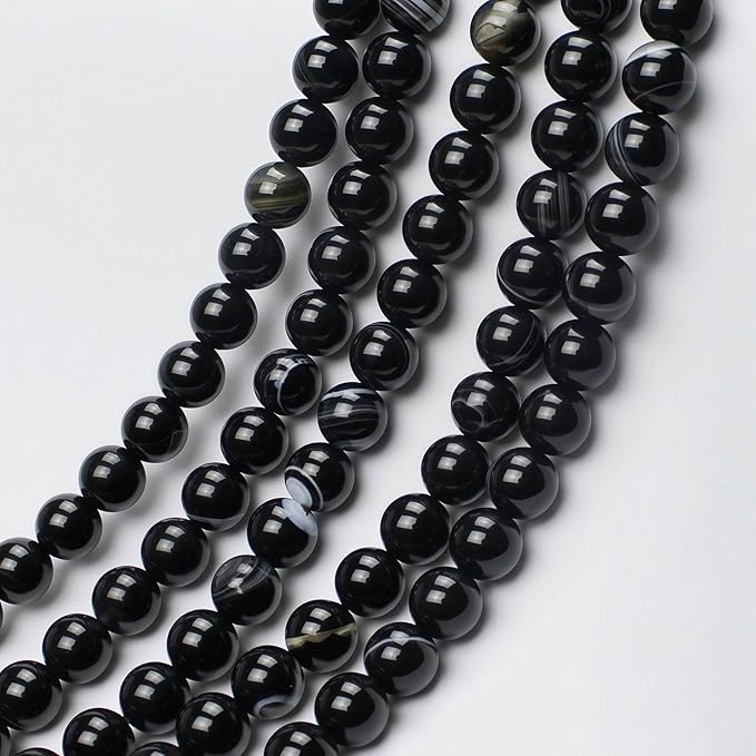 MJDCB Natural Black Striped Agate Round Loose Beads for Jewelry Making DIY Bracelet Necklace (8mm)