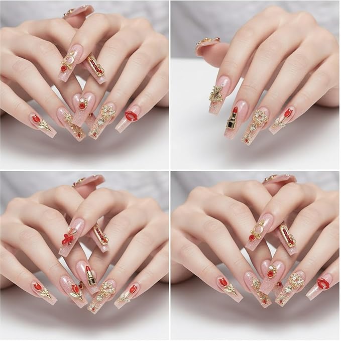 100 Pcs Gold Red Nail Charms Y2K with Lipsticks, Wine Bottles, Wine Cups, Lips, Tulips, Stars, High Heels, Perfume Bottle