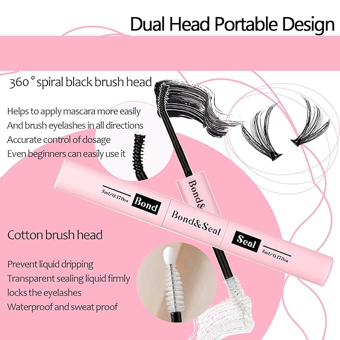 Lash Bond and Seal Kit 2Pcs DIY Lash Extension Waterproof Lashe Cluster Glue 72h Hold Portable Individual Lash Glue for Eyelash Extensions Beginners Black Bond&Clear Seal(5ml+5ml）