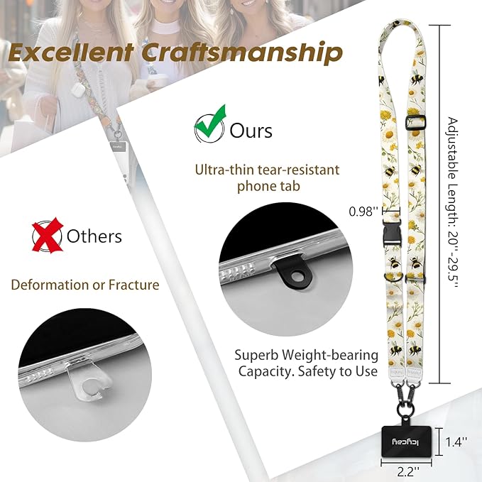 Phone Lanyard Crossbody, Floral Bee Cell Phone Strap for Around The Neck Adjustable, Flower Teacher Anti Theft Cute Lanyard for iPhone Case ID Holder Keys Accessories Travel Essential