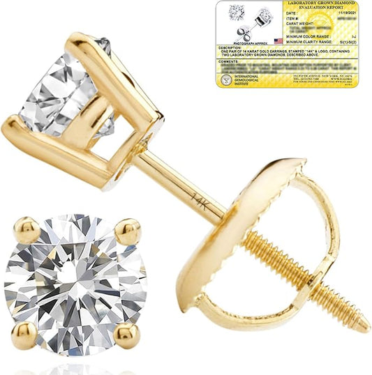 1/4-2 Carat IGI Certified Lab Grown Diamond Stud Earrings | Solitaire Real Diamonds Earring for Women in I-J Color & SI1-SI2 Clarity | 14K Gold Diamond Studs with Secure Backs by MAX + STONE