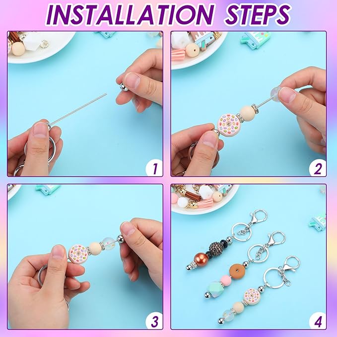 Sasylvia 30 Pcs Beadable Keychain Bars Bulk Making Kit Beaded Keychain Bag Thank You Cards for DIY Keyrings Charms