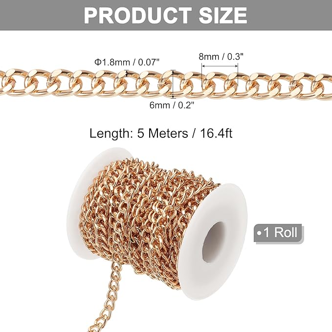 PATIKIL 16.4Ft Aluminium Curb Chains Twisted Links, 8x6mm Curb Chain Spool Jewelry Making Chains Craft Chain for Necklace Bracelet Earring, Rose Gold