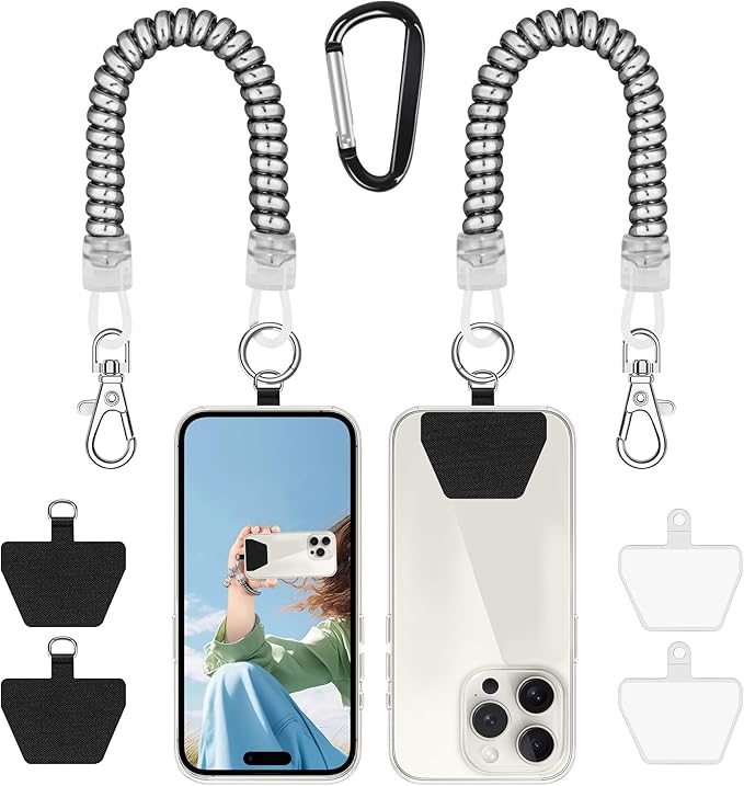 Doormoon 2* Phone Lanyard Tether with 4* Patch, iPhone Lanyard Anti Theft Phone Strap for Outdoor Hiking Climbing, Silver