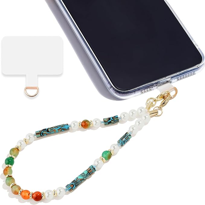 Marble Beaded Phone Wrist Strap,Detachable Phone Bracelet Strap with Tether Tab,Hands-Free Wristlet Strap (Light Green Peacock Agate)