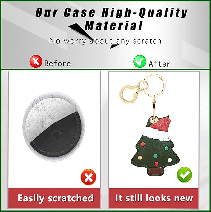 Leather Keychain Holder Case Compatible with AirTag,Cute Protective Cover with Keyring,Anti-Scratch Finder GPS Tracker Case for Wallet Keys,Bag,Pets(Christmas Tree)