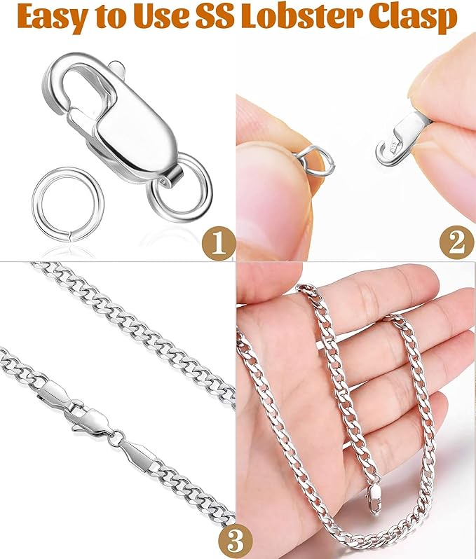 Kcctoo Silver Lobster Claw Clasp with Closed Jump Rings 14K Gold Necklace Clasps and Closures for Jewelry Making, Made in Italy 12mm(0.47inch) (8pcs Silver)