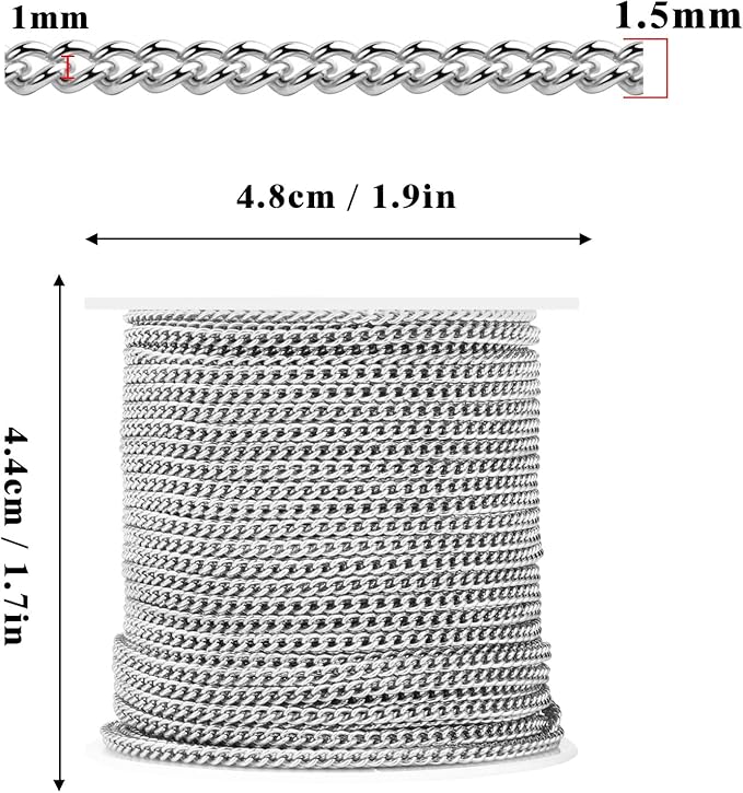 66 Feet Stainless Steel Curb Chains Roll, 1.5 mm 304 Stainless Steel Flat Twisted Links Chains Bulk Spool for Jewelry Making DIY Craft