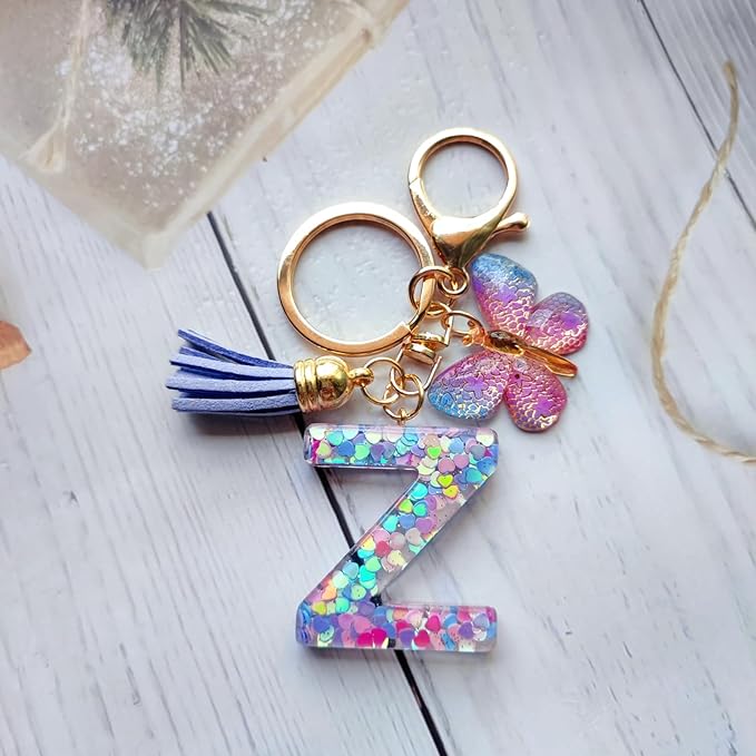 Cute Initial Letter Keychains for Women Girls Tassel Butterfly Pink Purple Green Keychain for Backpack School Bag