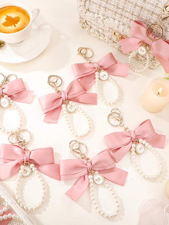 Sureio Pink Bow Keychain Coquette Pearl Bowknot Keyring Bulk Wristlet Keychain Vintage Ribbon Purse Charm for Women Handbags