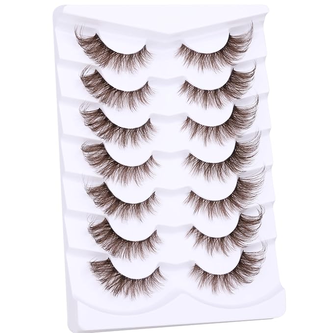 Brown Eyelashes Fairy Lashes Cat Eye Wispy False Eyelashes Strip Lashes Mink Flutter Strip Lashes Brown Fox Eye Long Volume Fake Eyelashes 7 Pairs ALICROWN