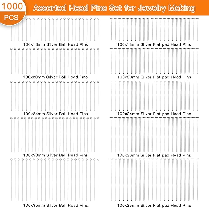 1000pcs Assorted Head Pins Set for Jewelry Making,Includes 500Pcs Ball Heads Pin and 500Pcs Flat Head Pins Eye Pins Beading Pins for Beading Jewelry Making (Silver, 18mm, 20mm, 24mm, 30mm, 35mm)