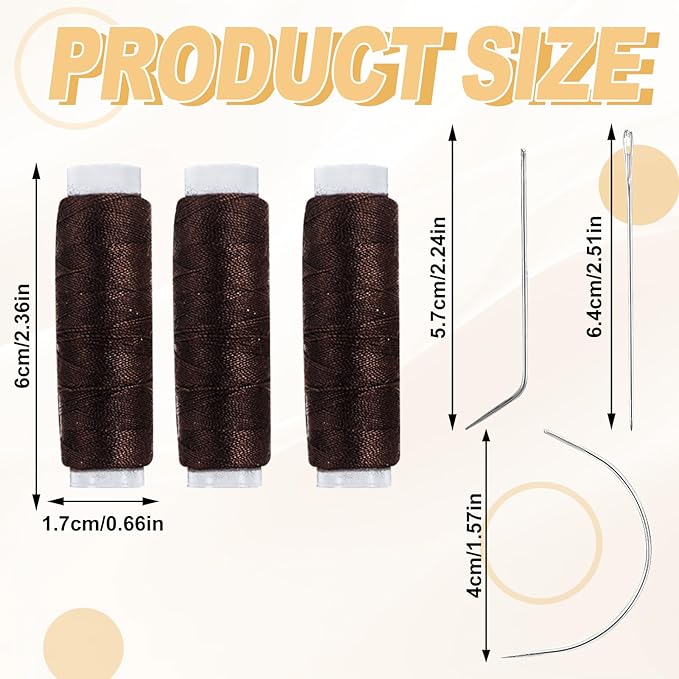 Hair Needle and Thread Set 12 Pcs Sewing Hair Extension Tools Curved Needle Brown Weaving Threads for Making Wig, Sew in Needles and Thread(Brown)