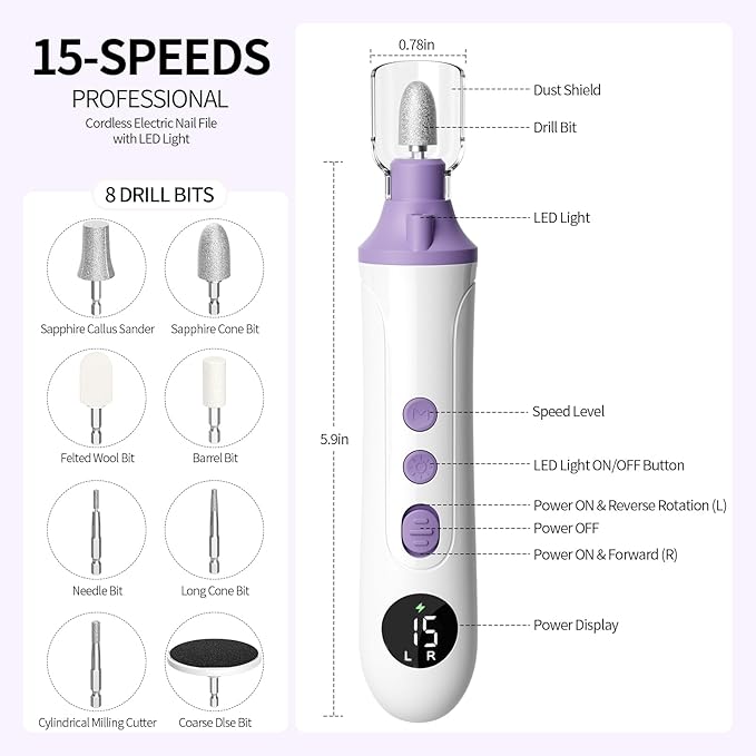 Ccigedy Professional Manicure Pedicure Electric Nail File for Thick Nails Hand Feet Care,Cordless Toenail Grinder 15 Speed,Nail Drill with LCD Screen,Ideal Valentine's Day Gift for Women/Men-Purple