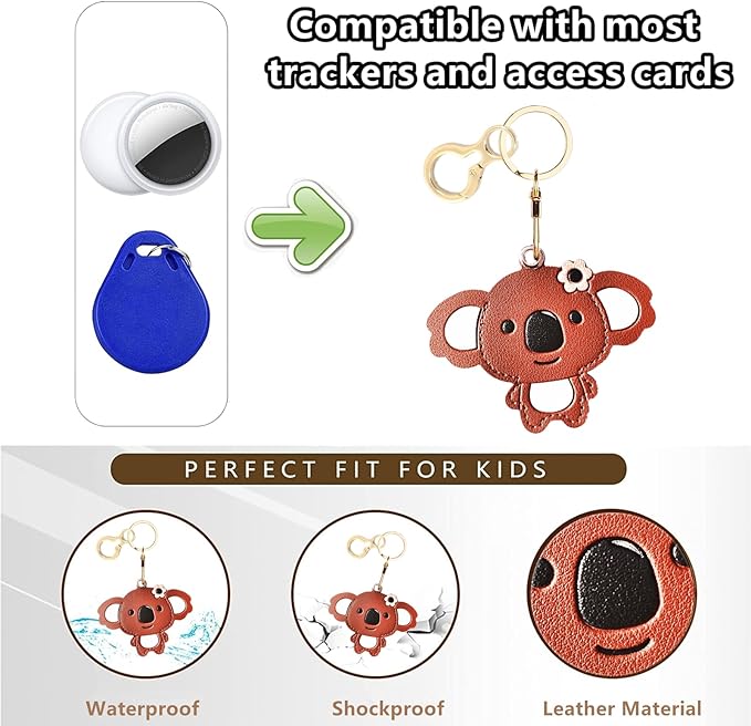Leather Keychain Holder Case Compatible with AirTag,Cute Protective Cover with Keyring,Anti-Scratch Finder GPS Tracker Case for Wallet Keys,Bag,Pets(Koala Brown)