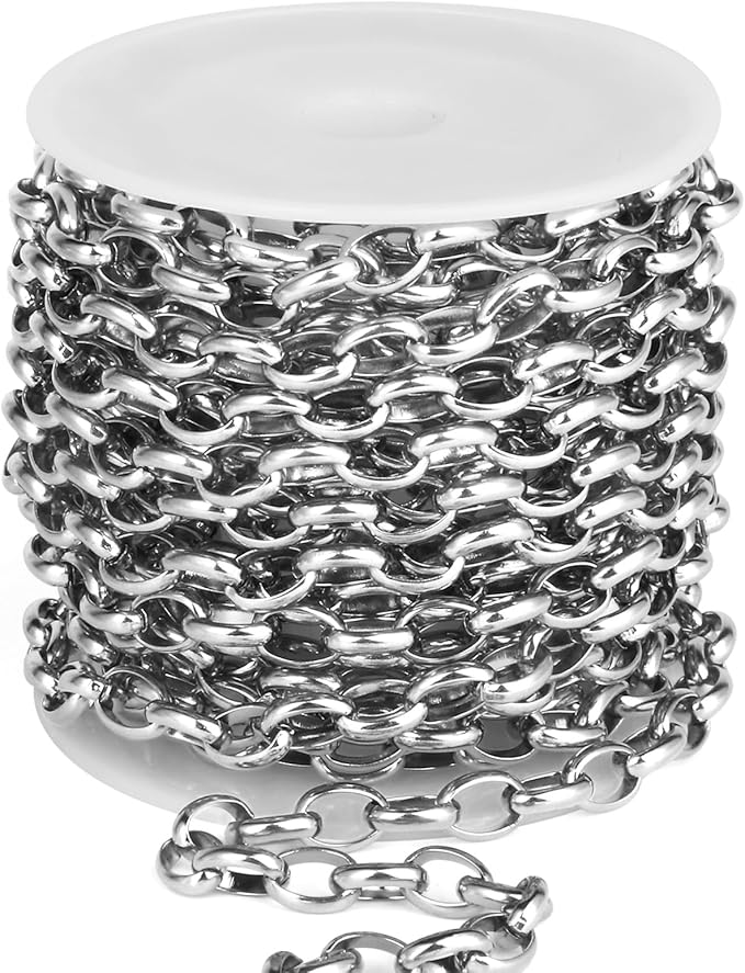 16.5FT Stainless Steel Oval Rolo Chains Roll, 5.5mm Width 304 Stainless Steel Oval Cable Link Chain Bulk Spool for Jewelry Making DIY Craft