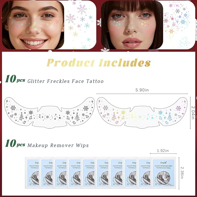 HOSAILY 10pcs Christmas Face Glitter Freckles Tattoo, Holographic Body Glitter Faux Freckle Stickers for Women Girls, Sparkle Star Speckles Makeup Patches for Concert Festival Rave Cosplay Accessories