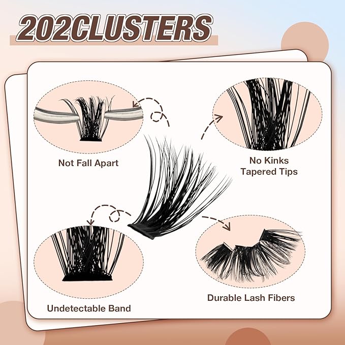 AILAISHI Lash Clusters Kit, DIY Cluster Eyelash Extensions 10‑20mm, 90D+100D, 202pcs Fluffy D Curl Natural Lashes–Fake Cat Eye Individual Clusters