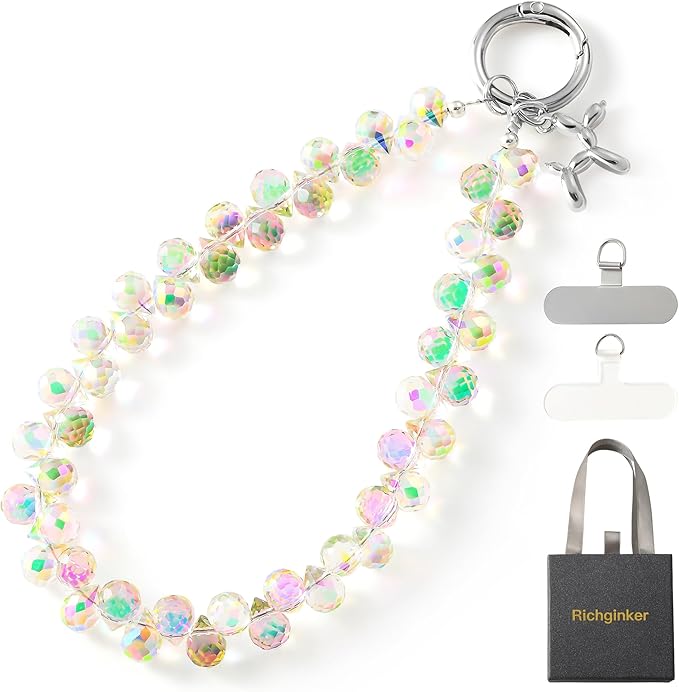 Crystal Phone Wrist Strap Phone Charm Chain Keychain Beaded Cellphone Lanyard with Tether Tab Hands-Free Wristlet Bracelet Wrist Grip Strap for Women, D-Crystal AB