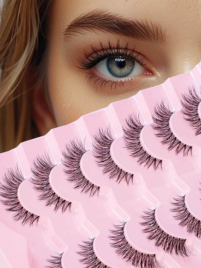 Wispy Lashes Cat Eye 14MM Natural Eyelashes C Curl False Eyelashes with 0.03MM Thin Band Lash Strips Soft Fake Lashes Pack Siligli 7 Pair
