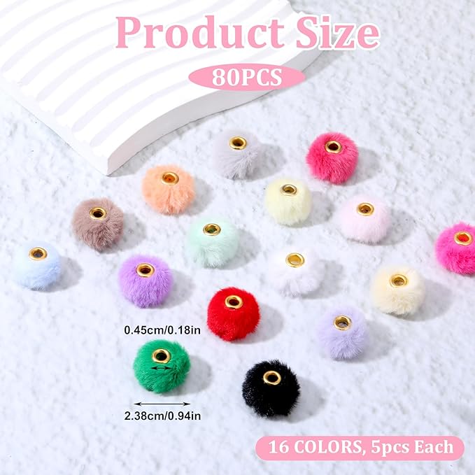 80PCS Pom Pom Beads 10 Color Soft Puff Bead Mixed Fluffy Fuzzy Bead Faux Fur Poms Spacer Beads for Bracelets Jewelry Making Keychains Pens Earrings Garland Headband DIY Crafts Gifts Accessories