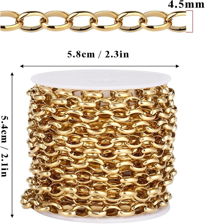 16.5FT Gold Oval Rolo Chains Roll, 4.5mm Width 18K Gold PVD Plated 304 Stainless Steel Oval Cable Link Chain Bulk Spool for Jewelry Making DIY Craft