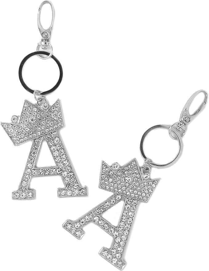 CBC Crown Crystal Rhinestone Letter Initial Keychain, Gold Metal, Bag Charm with Key Ring Approx. 2.17" x 2.56"