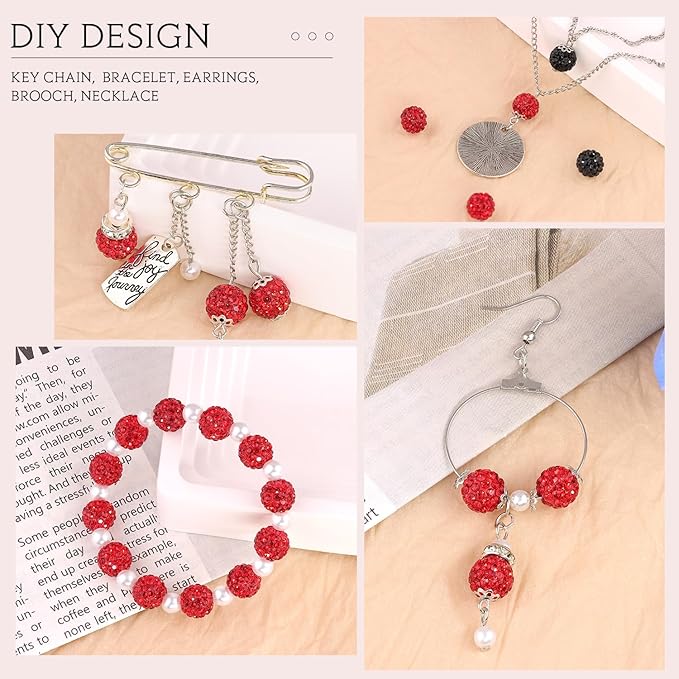 200 Pcs Red Rhinestone Beads for Jewelry Making, Sparkle Crystal Clay Christmas for Bracelet Baseball Necklace Earring Crafting and DIY, Shiny Round Shamballa Disco Ball Beads Bulk