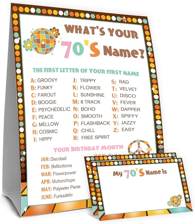 What's Your 1970's Name Game, 1 Double Sided Sign & 30 Sticker Cards, Disco Themed Birthday Party Games for Adults & Kids, Perfect for 70's Themed Party Decorations, Fun for 30 People