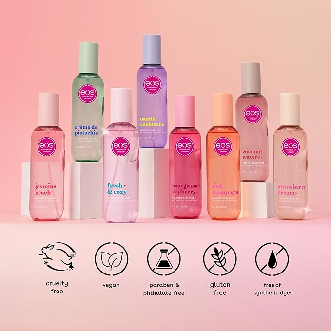 eos Cashmere Body Mist, Pomegranate Raspberry, Body Spray for Women, Hair Mist, Fruity, Moisturizing, Hyaluronic Acid, Glycerin, Vegan, Cruelty-free, 6 fl oz