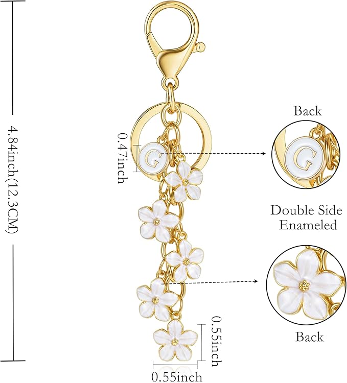 XGALBLA White Pink Black Cute Initial Letter Keychain for Women, Flower Bag Charms Enamel Keyring for Handbag Backpack