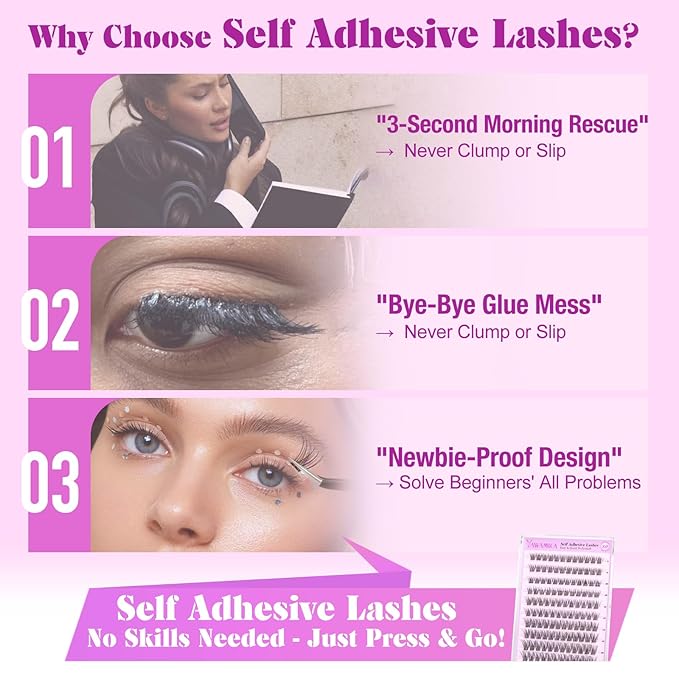 Yawamica Self Adhesive Lash Clusters Natural Press on Lashes Reusable Eyelash Clusters No Glue Needed 8-16mm Self Adhesive Eyelashes C Curl Individual Lashes DIY Lash Extension with Easy Application