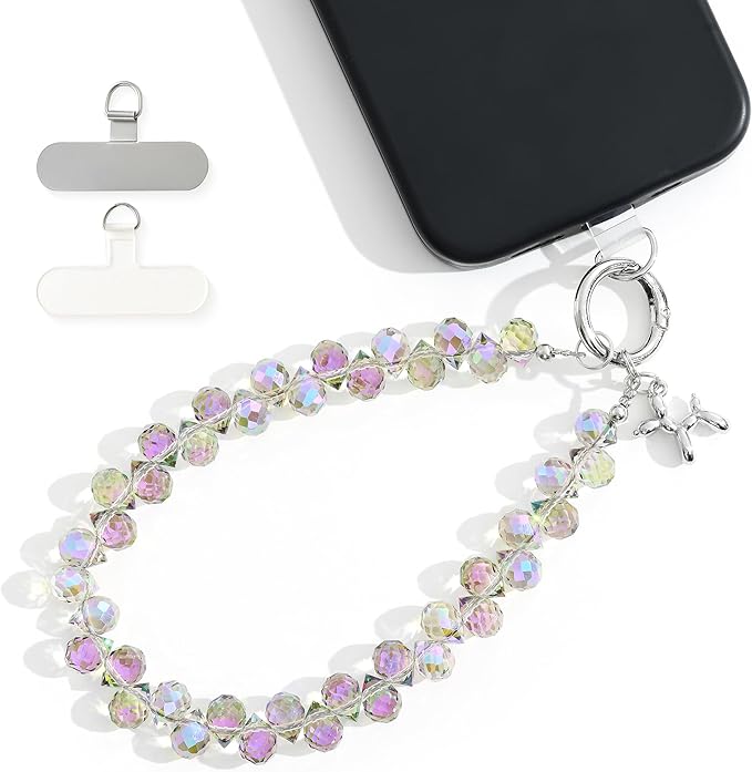 Crystal Phone Wrist Strap Phone Charm Chain Keychain Beaded Cellphone Lanyard with Tether Tab Hands-Free Wristlet Bracelet Wrist Grip Strap for Women, D-Light Purple