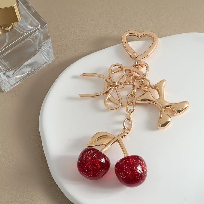 Snycler Bubble Initial Keychain with Cherry & Bow - Gold Letter Bag Charms for Women, Cute Purse Handbag Accessories