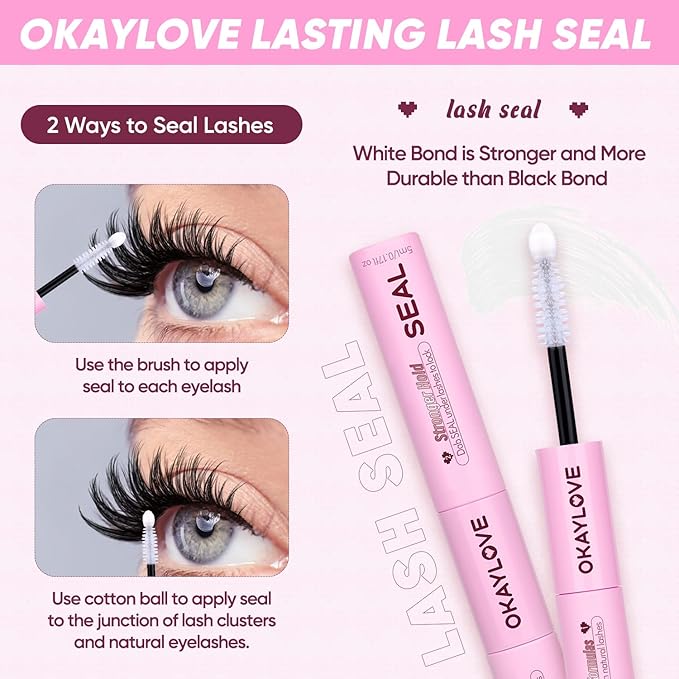 OKAYLOVE Lash Cluster Glue, Waterproof White Eyelash Extension Glue, 150H+ Strong Hold, 2-IN-1 Bond & Seal, Quick-drying, Non-Irritating