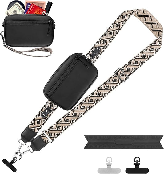Clip and Go Strap for Phone with Wallet Crossbody, Adjustable Phone Lanyard with Detachable RFID Wristlet Wallet, Pattern Strap, Black (M)