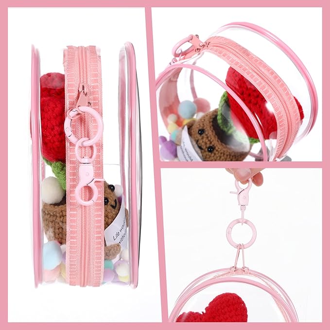 Clear Keychain Pouch, Clear Figure Display Bag with Keychain, Transparent Doll Storage Bag Blind Box Pouch Charms Lipsticks Carrying Case for Doll Collectibles (Pink)