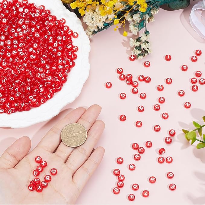 1 Box 800pcs Red Transparent Letters Beads with White Alphabet Acrylic Flat Round Clear Cylinder Loose Spacer Letter Bead Charm Bulk for Jewelry Making Necklace Bracelet DIY Craft Supply