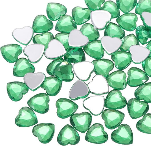 MECCANIXITY 40 Pcs Acrylic Heart Rhinestone 12mm Flat Back Plastic Gems Jewelry Stickers for Craft Bead Face Painting Costume Jewelry Making, Dark Green