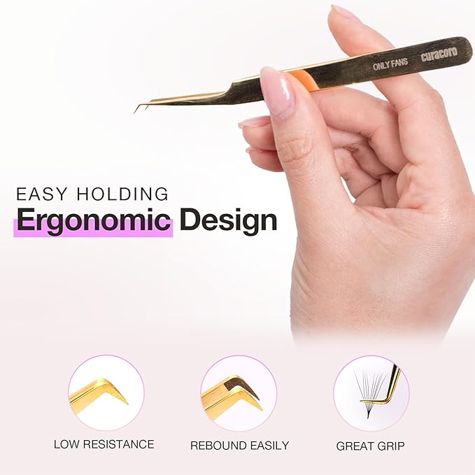 Curacoro Lash Tweezer - Professional & Precision Fiber Tip Grip Lash Tweezers for Eyelash Extensions, Multi Shapes & Purposes Tweezers for Volume, Isolation & Classic Lashes (Gold, Only Fan)